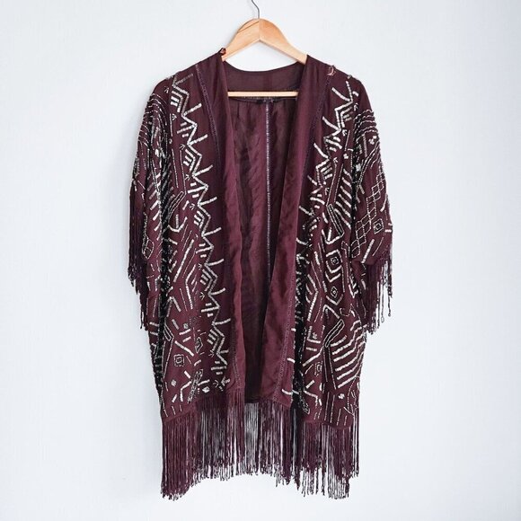 Willow  Clay Burgundy Beaded Fringe Detail Sheer Jacket S - Picture 3 of 12